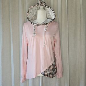 Pink Hooded Top with Plaid Accents